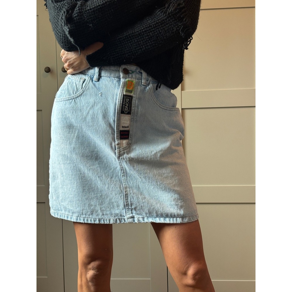 Vintage Bongo Denim Mini Skirt Light Wash High Waisted Logo Tape USA Made